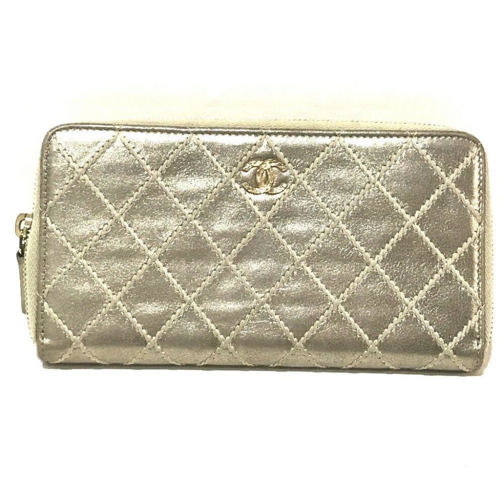 CHANEL CC Mark Quilted big stitch Zip Around Long
